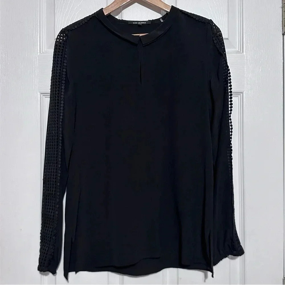 Kobi Halperin Black Silk‎ Long Sleeve Blouse Crochet Womens XS